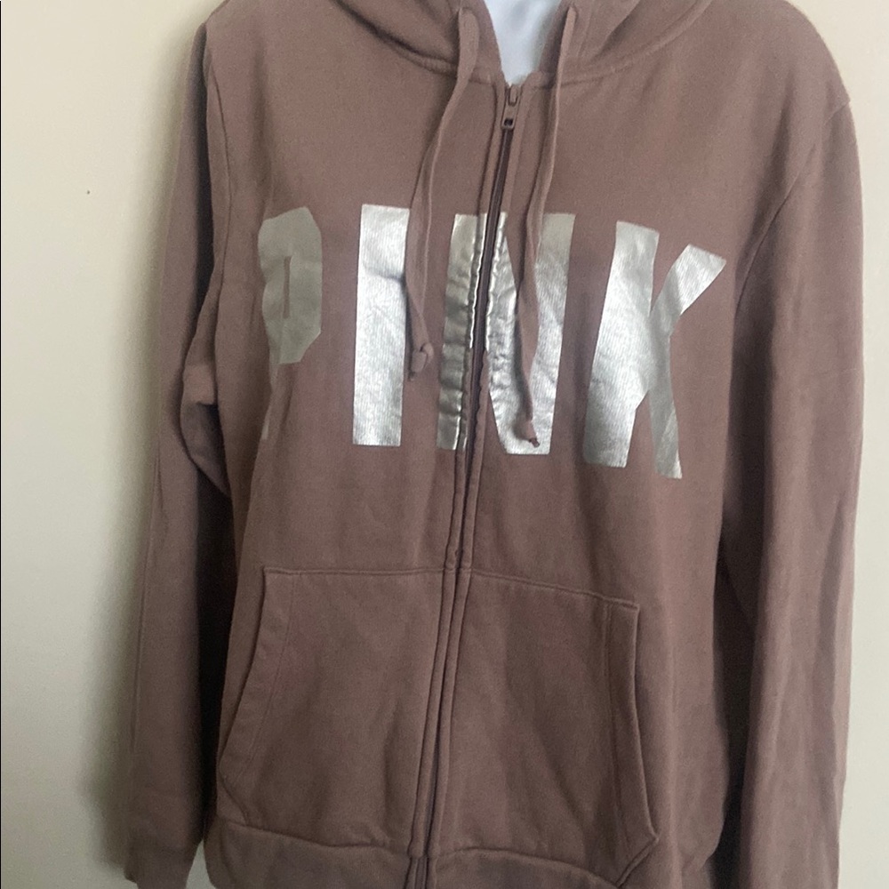 PINK Victoria's Secret Brown Hoodie with Silver Logo